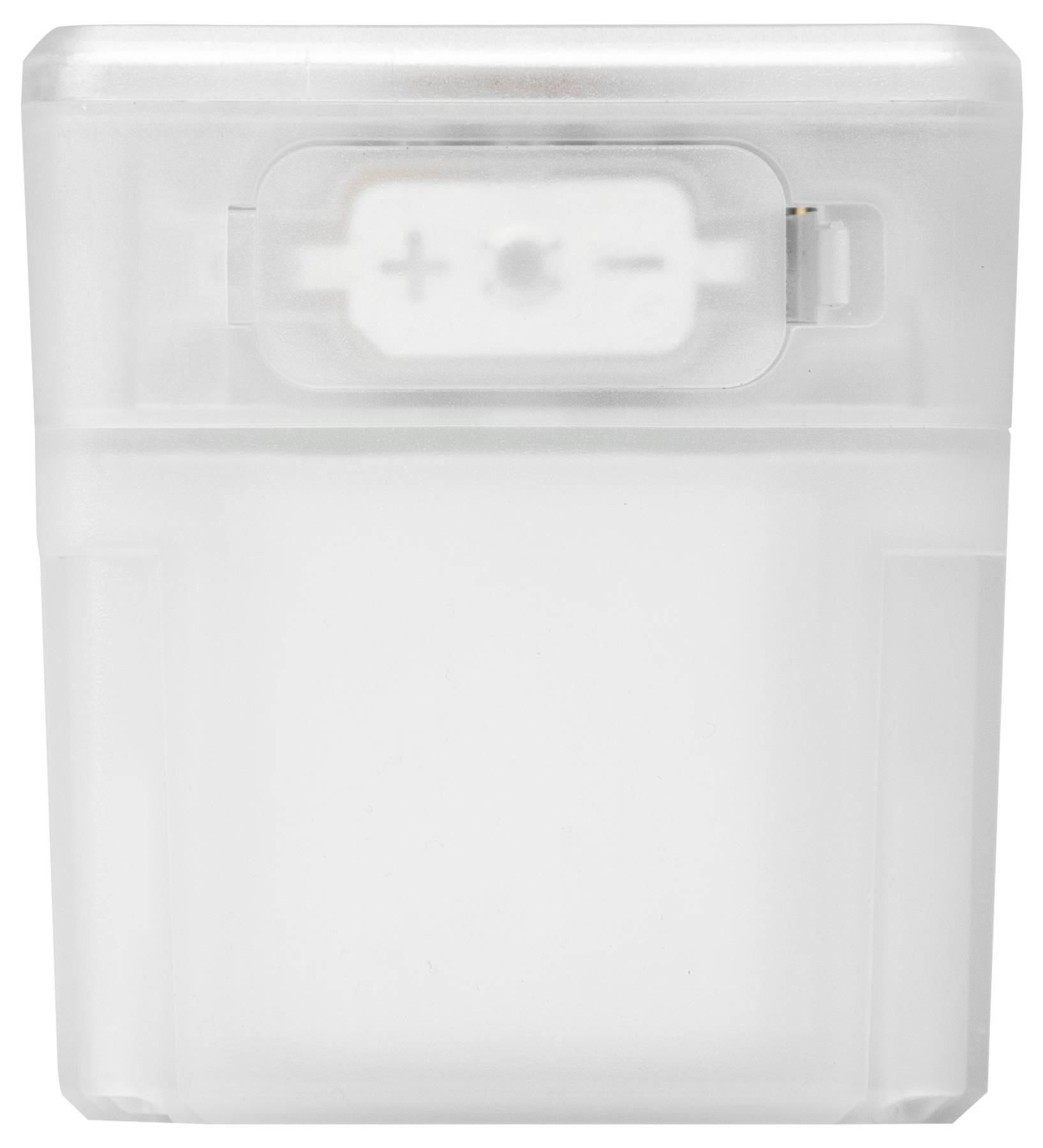 Durchsichtige, rechteckige Kunststoffbox mit einem kleinen, weißen Verschluss oben.