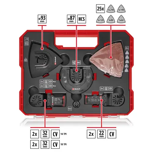 Einhell 708136 XLPLUS-CASE HCS, Aluminiumoxid, Chrom-Vanadium Stahl Multifunktionswerkzeug-Zubehör-Set 1 Set Einhell 708136 XLPLUS-CASE HCS, Aluminiumoxid, Chrom-Vanadium Stahl Multifunktionswerkzeug-Zubehör-Set 1 Set