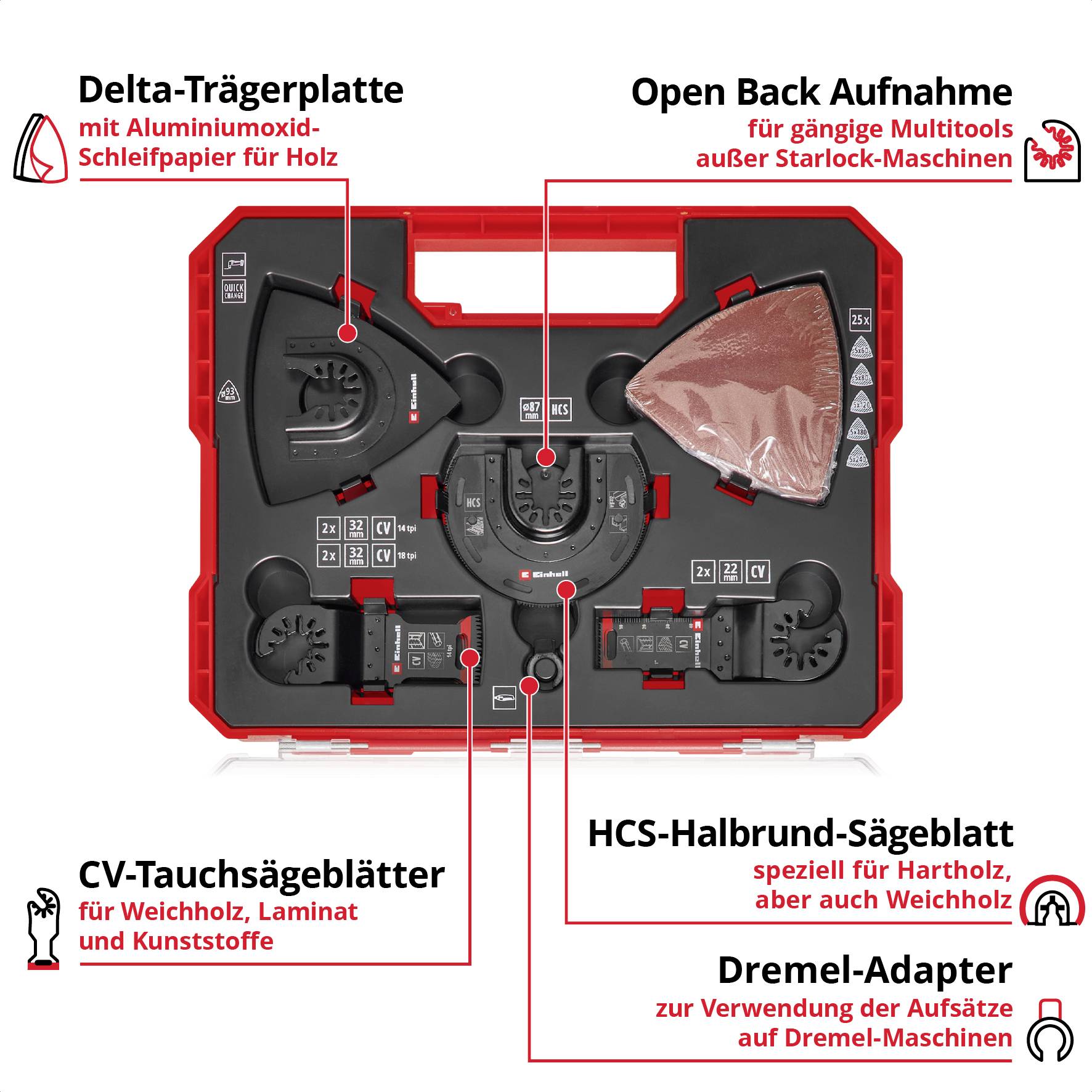 Einhell 708136 XLPLUS-CASE HCS, Aluminiumoxid, Chrom-Vanadium Stahl Multifunktionswerkzeug-Zubehör-Set 1 Set