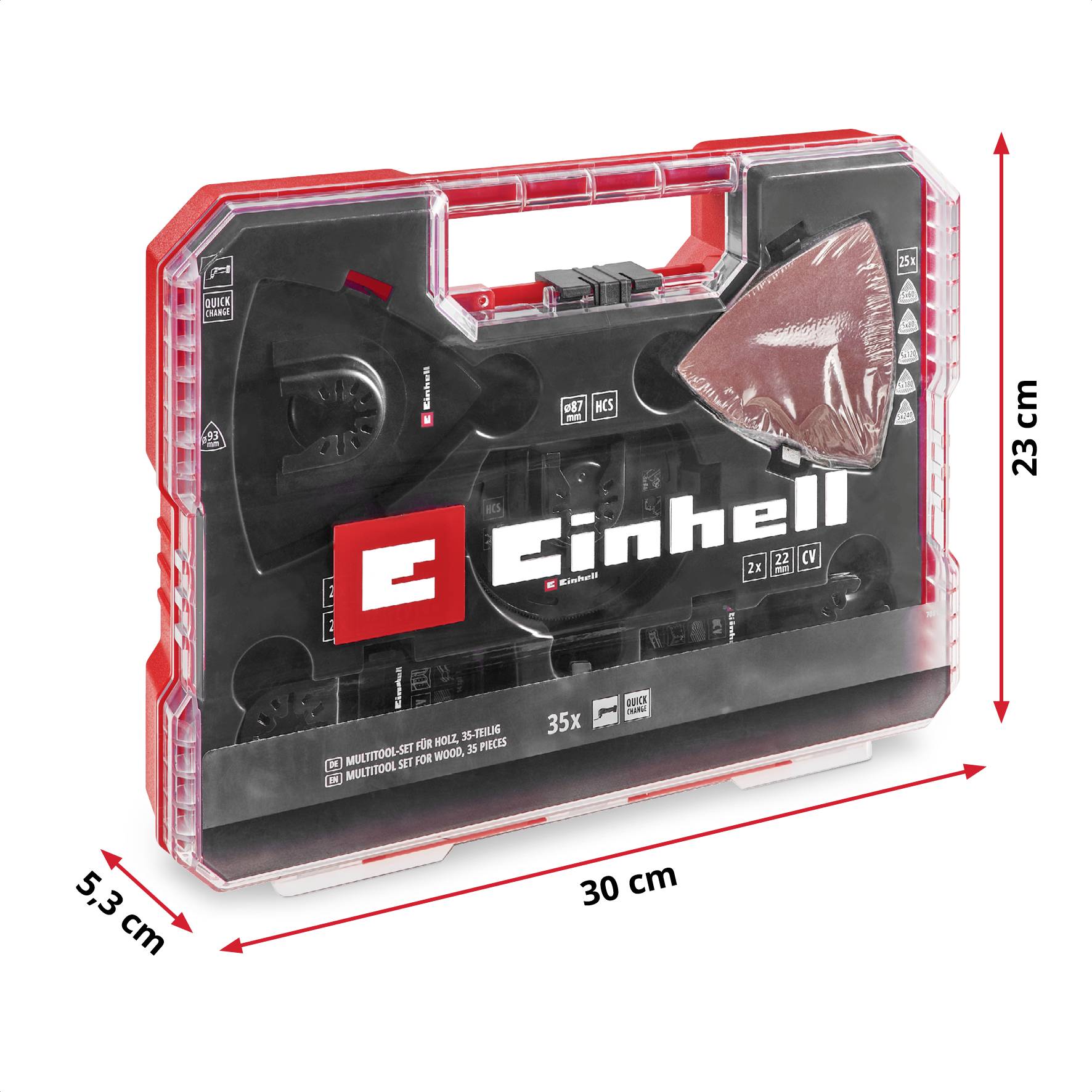 Einhell Werkzeugkoffer, rot-schwarz, mit Tragegriff, 35-teilig, Maße: 30 cm x 23 cm x 5,3 cm, enthält Sägeblätter und Schleifpapier.