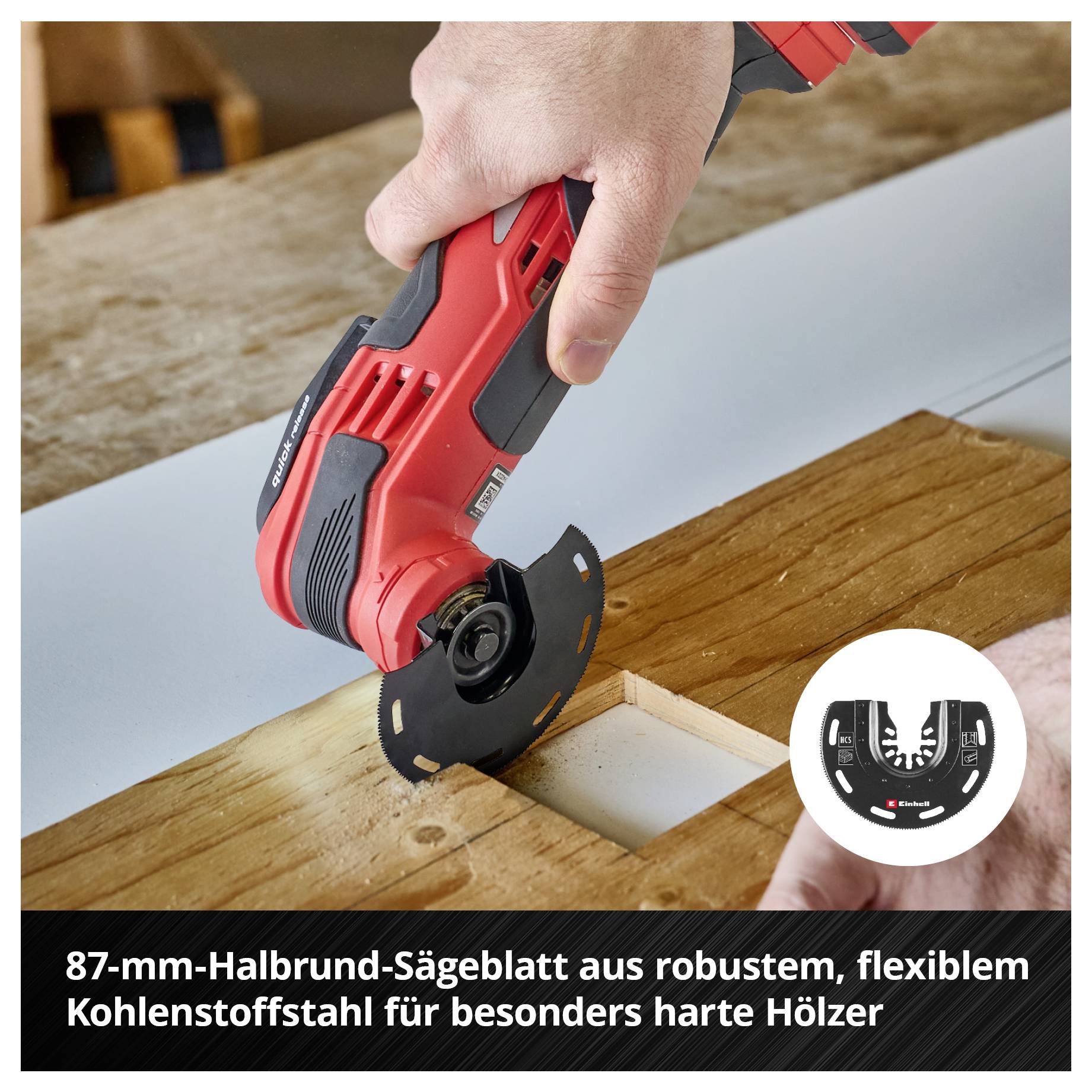 Eine Person schneidet Holz mit einer rot-schwarzen, elektrischen Säge. Text im Bild: '87-mm-Halbrund-Sägeblatt aus robustem, flexiblem Kohlenstoffstahl für besonders harte Hölzer'.