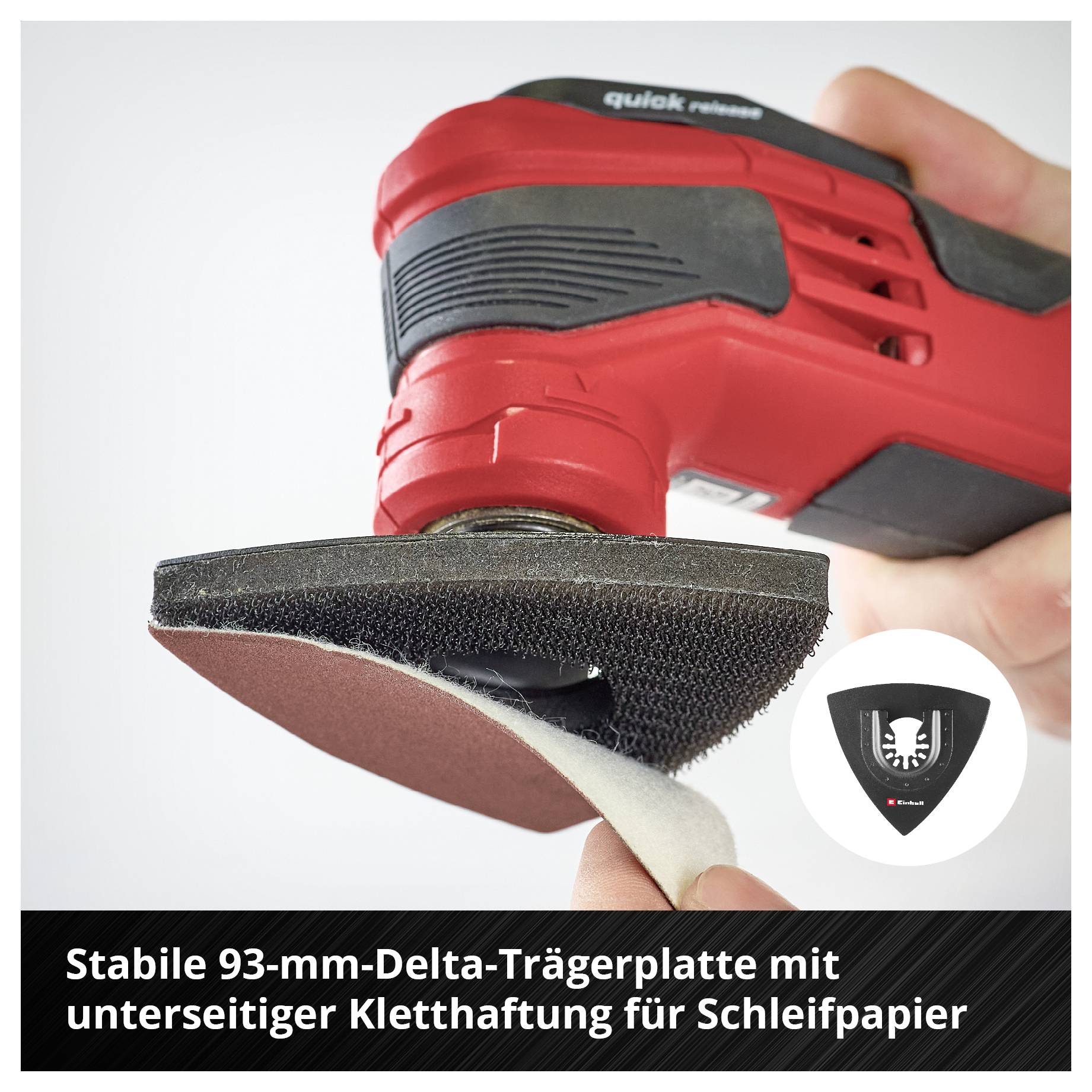 Rote Schleifmaschine mit 93-mm-Delta-Trägerplatte, unterseitige Klettbefestigung für Schleifpapier. Hand hält Gerät, Logo daneben.