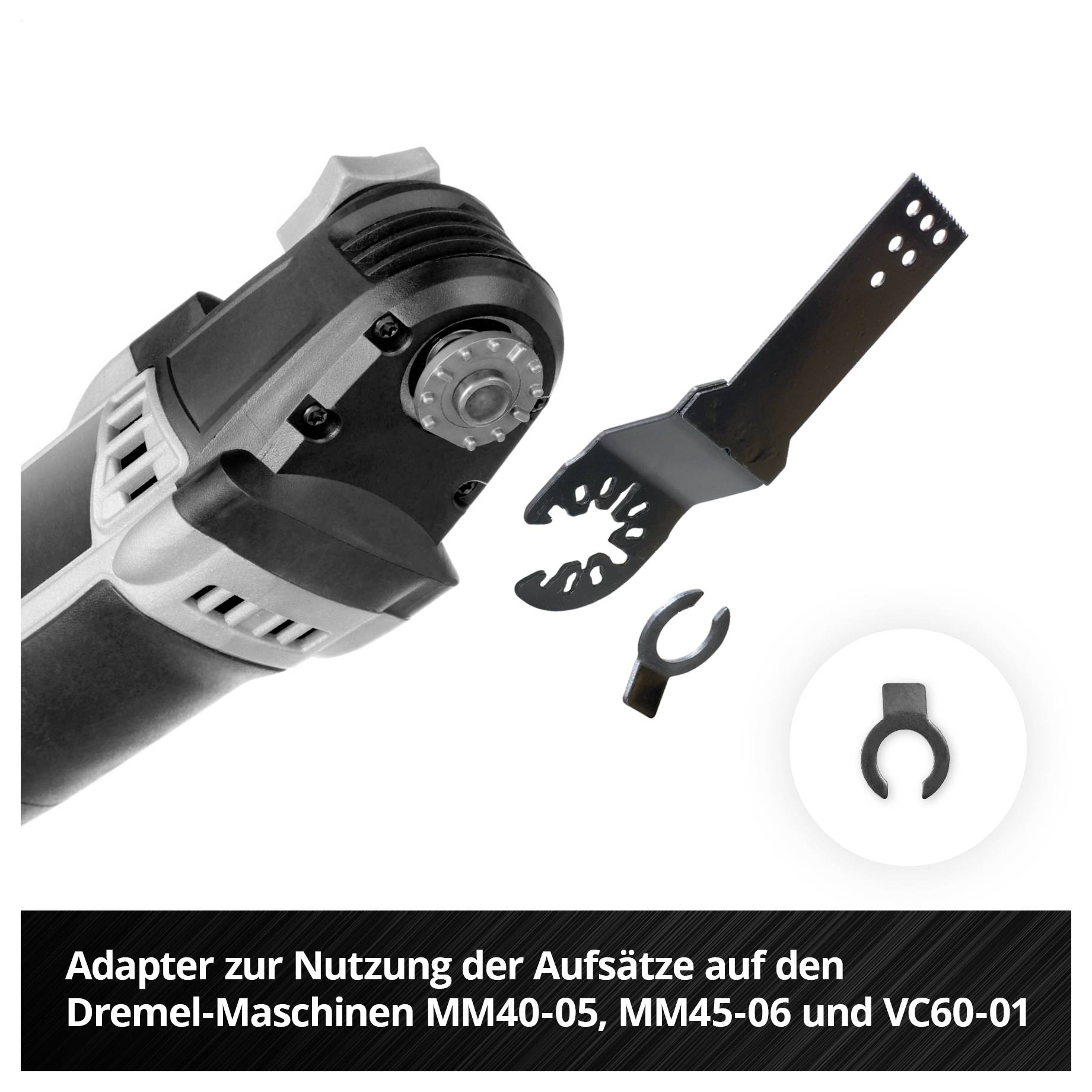 Werkzeugadapter zur Verwendung mit Dremel-MM40-05, MM45-06, VC60-01. Adapter und Aufsatz mit passender Form im Bild gezeigt.