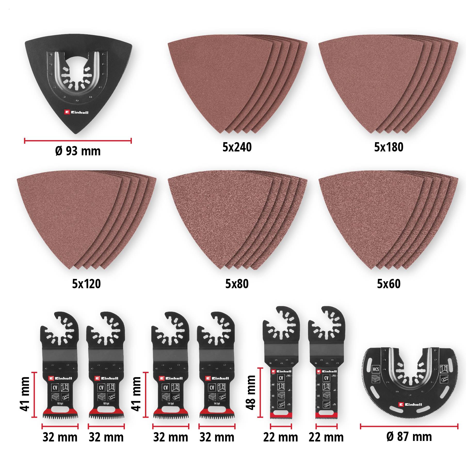 'Einhell' sanding paper and saw blade set. Set contains 5 sanding papers in grits 240, 180, 120, 80, 60 and saw blades with dimensions.