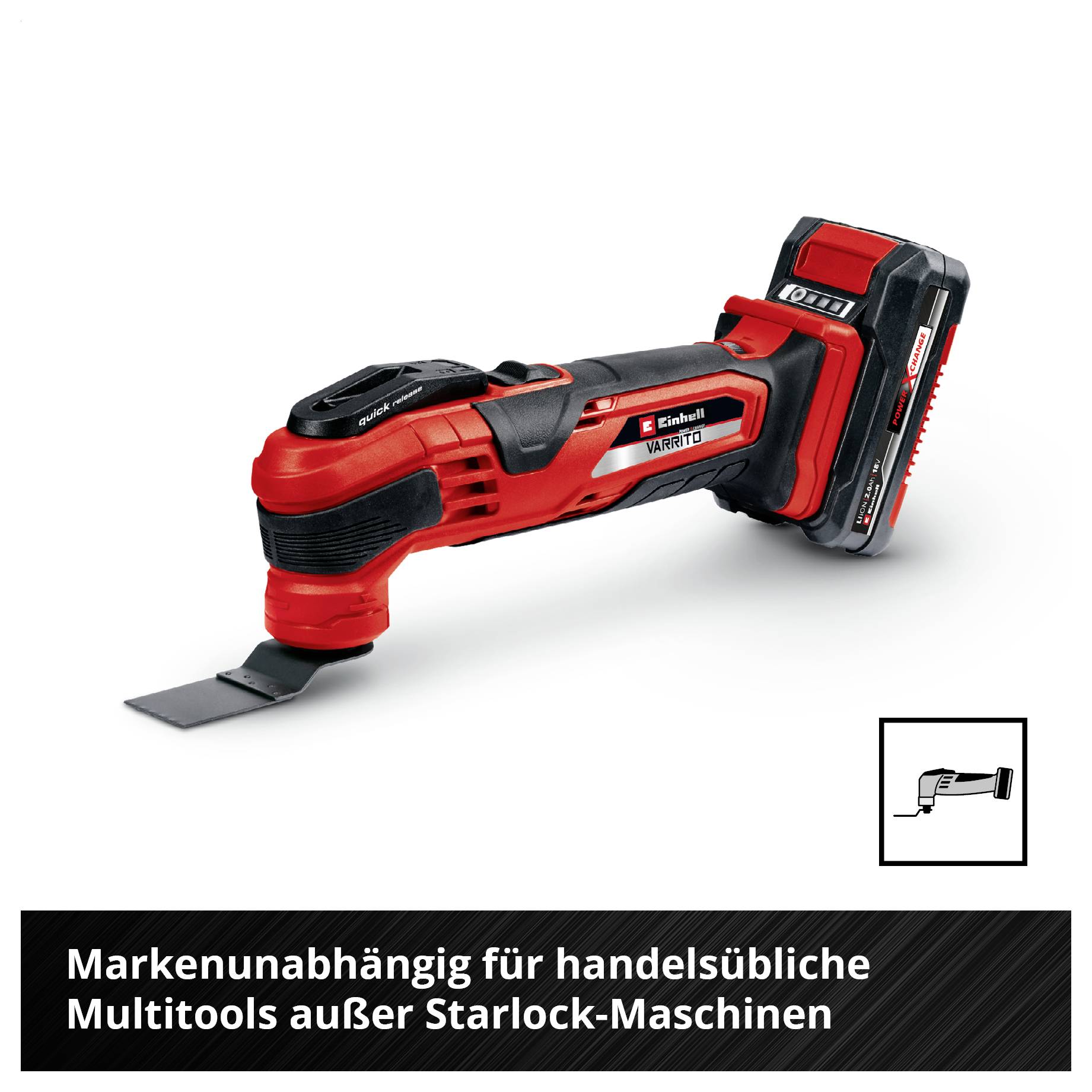 Ein rotes, kabelloses Multifunktionswerkzeug mit Akkubetrieb. Text zeigt Kompatibilität mit handelsüblichen Multitools, außer Starlock.