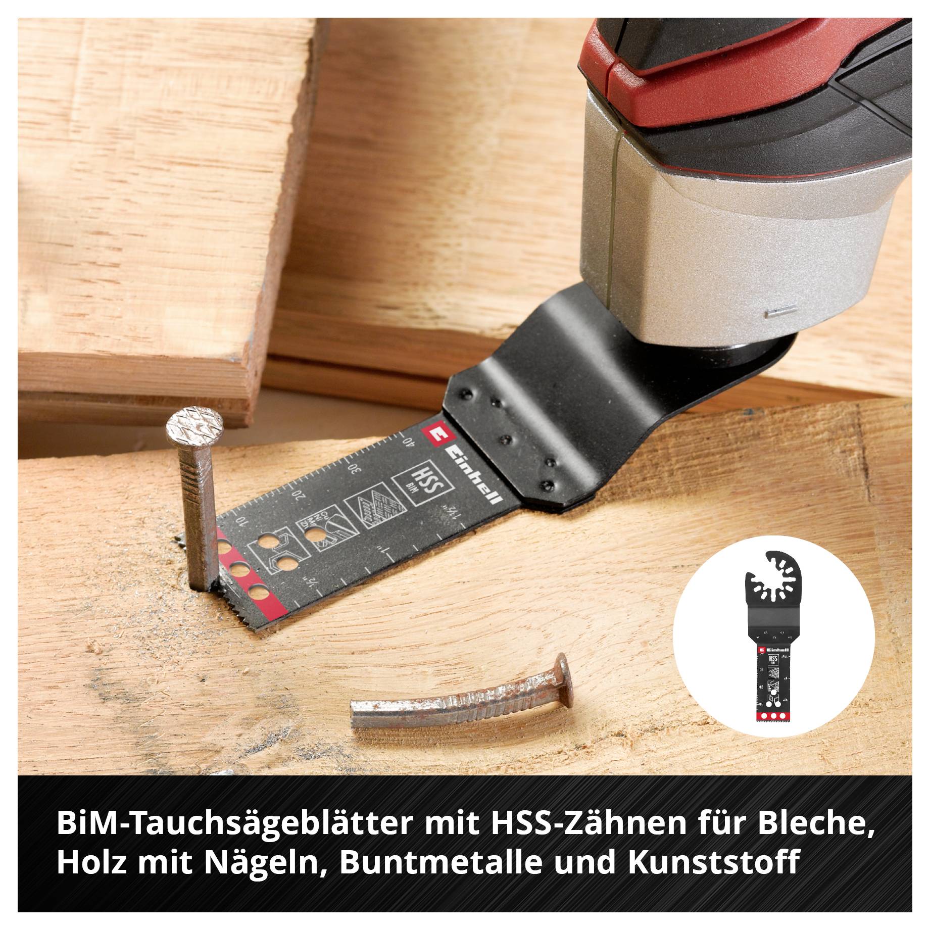 Tauchsäge schneidet Holz mit Nägeln. Hinweis: 'BiM-Tauchsägeblätter mit HSS-Zähnen für Bleche, Holz, Buntmetalle und Kunststoff'.