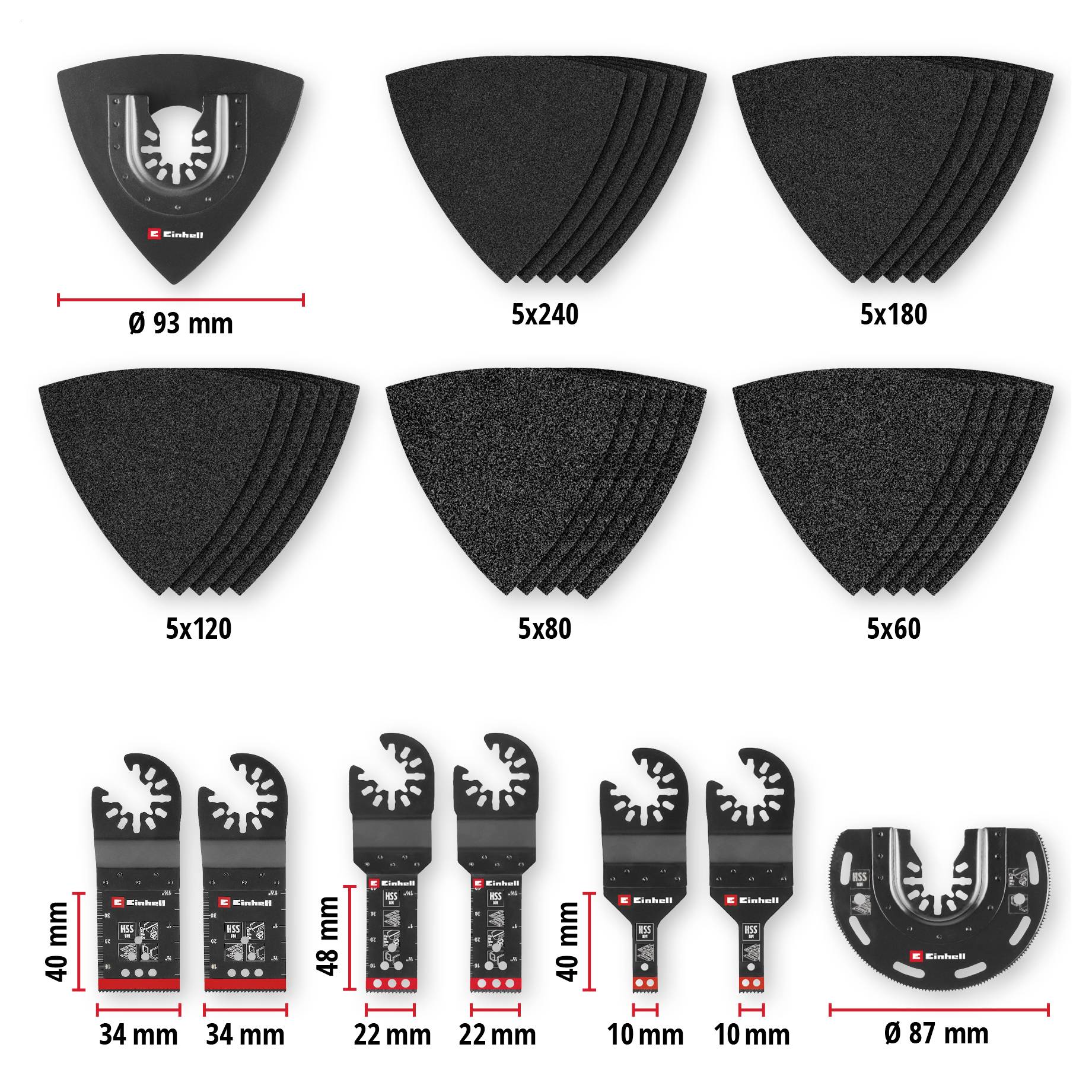 Sandpapierset und Schleifblätter mit verschiedenen Körnungen. Enthält: Ø93 mm, Ø87 mm, Körnung 60-240. Verschiedene Sägeblätter: 34-40 mm.