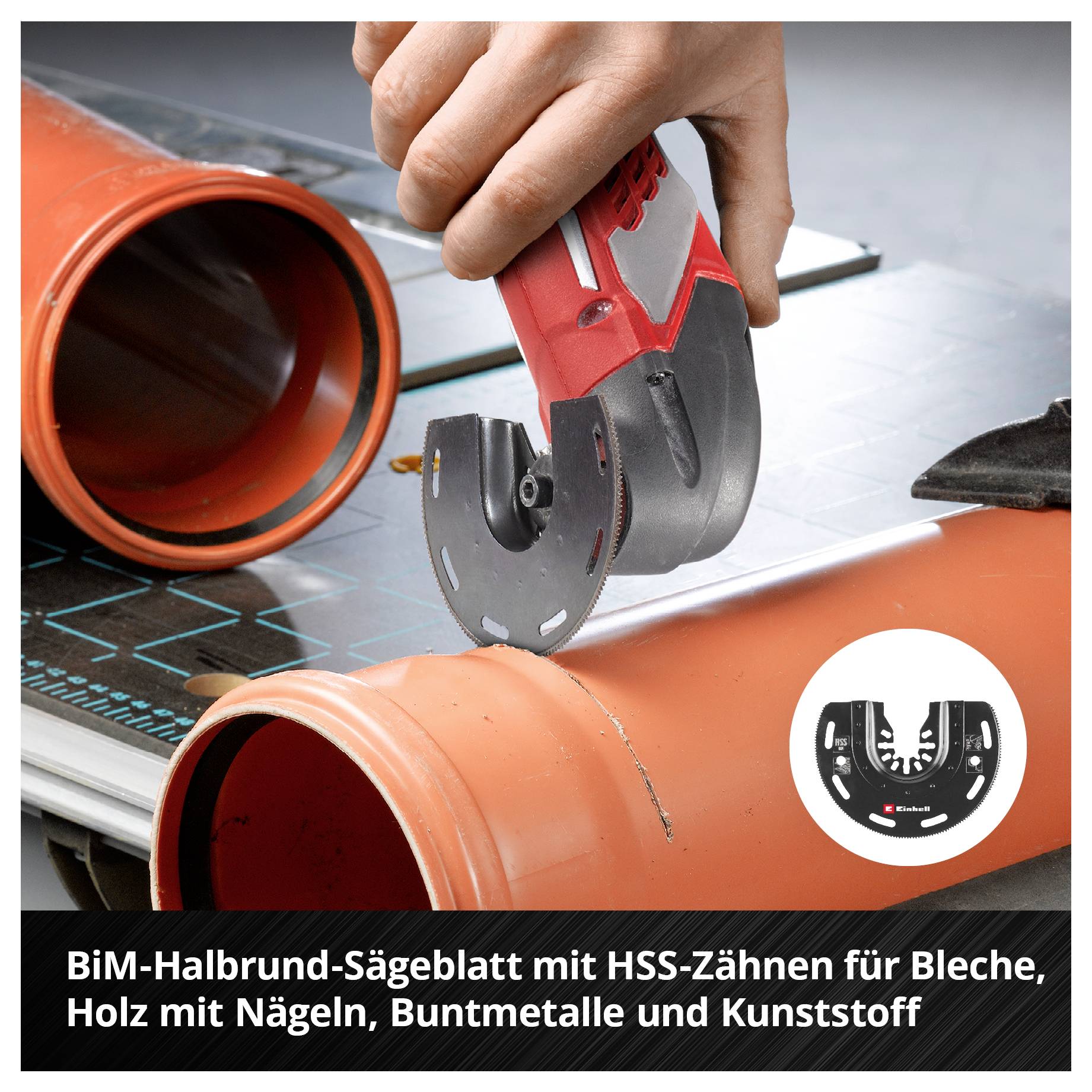 BiM-Halbrund-Sägeblatt beim Schneiden eines orangefarbenen Rohrs auf einer Werkbank, mit Details zur Materialkompatibilität.