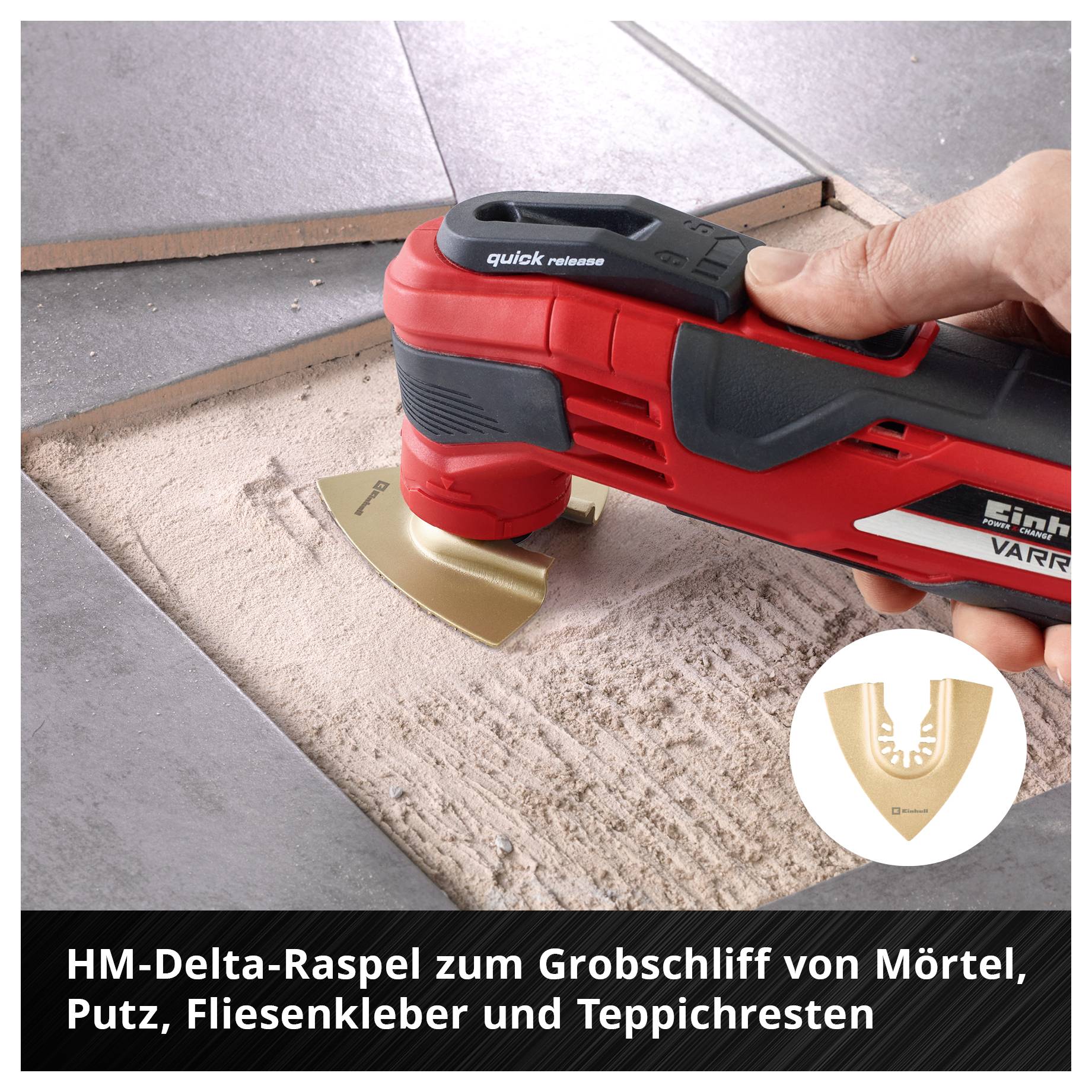Handgerät mit rotem Griff schleift graue Fliese. Text: HM-Delta-Raspel zum Grobschliff von Mörtel, Putz, Fliesenkleber und Teppichresten.