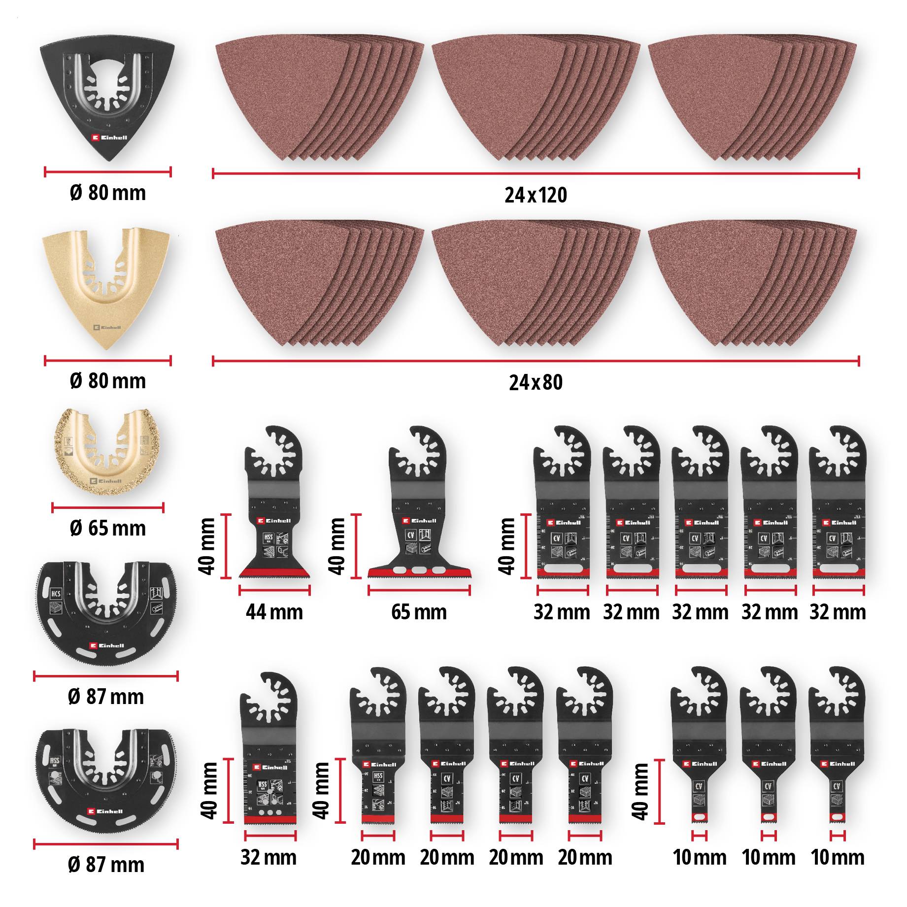 Verschiedene Schleif- und Schneideraufsätze für Multitools: Schleifpads, Raspel, Holz- und Metallsägeblätter. Abmessungen angegeben.