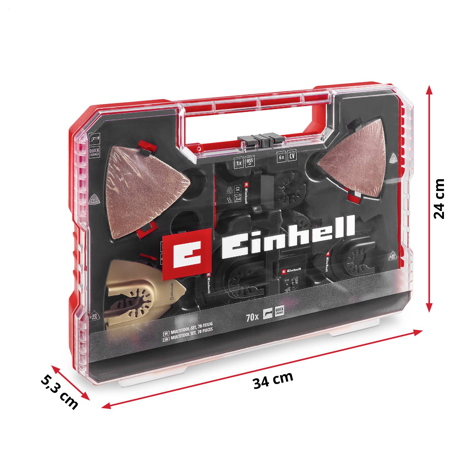 Ein Werkzeugkoffer von Einhell mit verschiedenen Aufsätzen und Schleifpapieren, Maße: 34 cm x 24 cm x 5,3 cm.