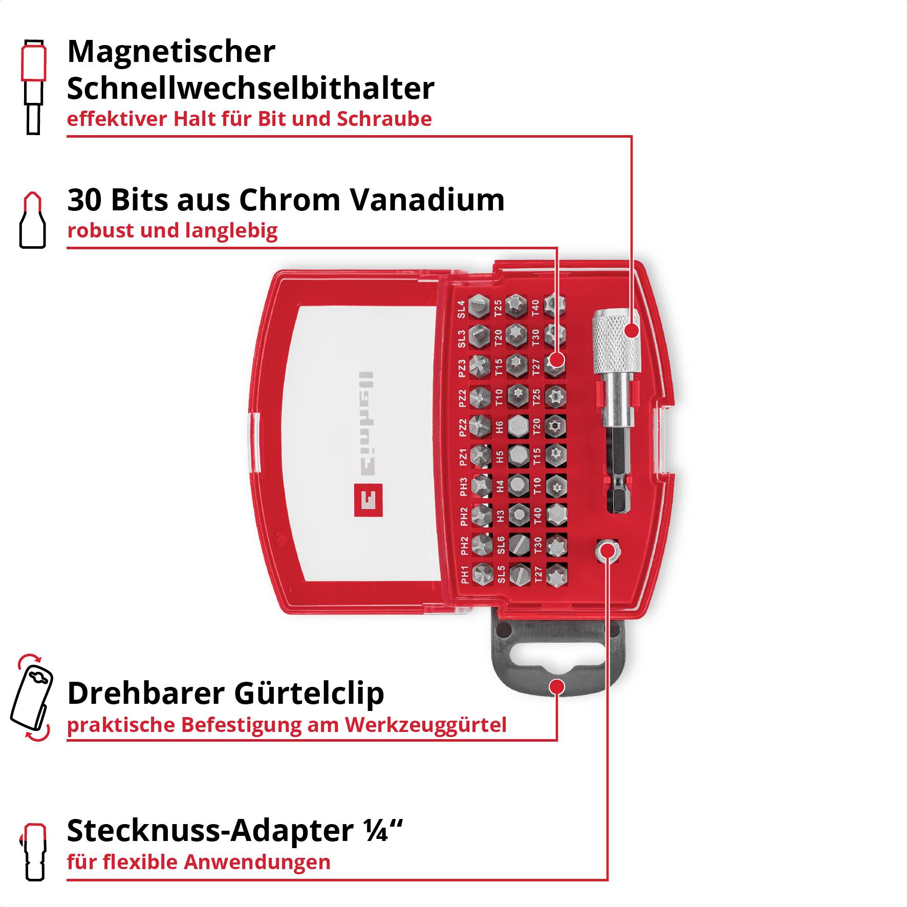 Einhell BELT CLIP 118495 Bit-Set 32teilig TORX, PZ, PH, Schlitz, Tamper Torx inkl. Bithalter