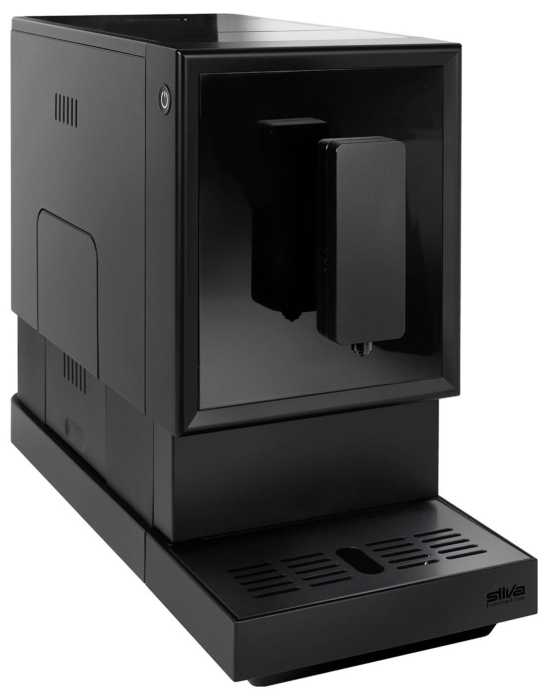 Eine schwarze Kaffeemaschine mit modernem Design, vorne ist der Auslauf zu sehen.