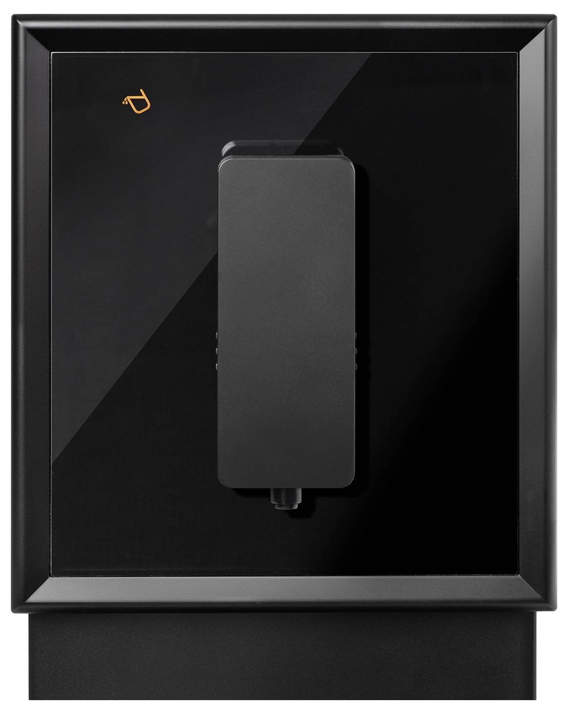 Ein schwarzes Elektrogerät mit modernem Design. Auf der Vorderseite befindet sich eine rechteckige Komponente und ein kleines orangefarbenes Symbol.