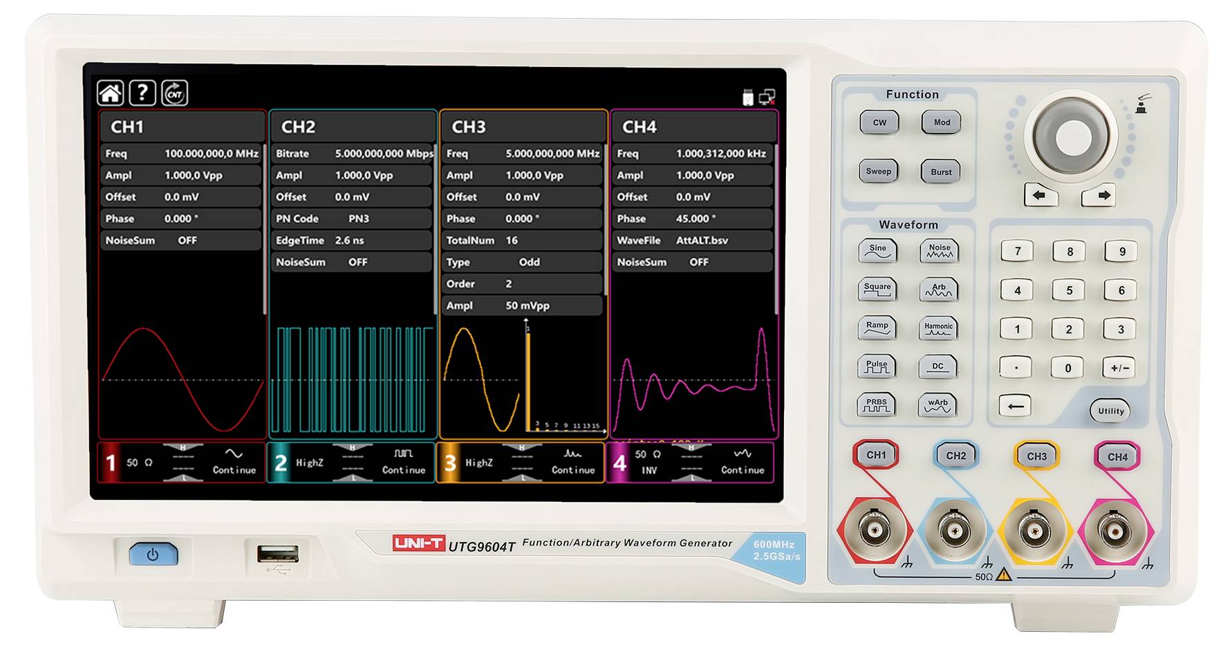 Uni-T UTG9604T Funktionsgenerator netzbetrieben 600MHz (max) 4-Kanal Arbiträr, Rechteck, Puls, Rampe, Rauschen, Sinus