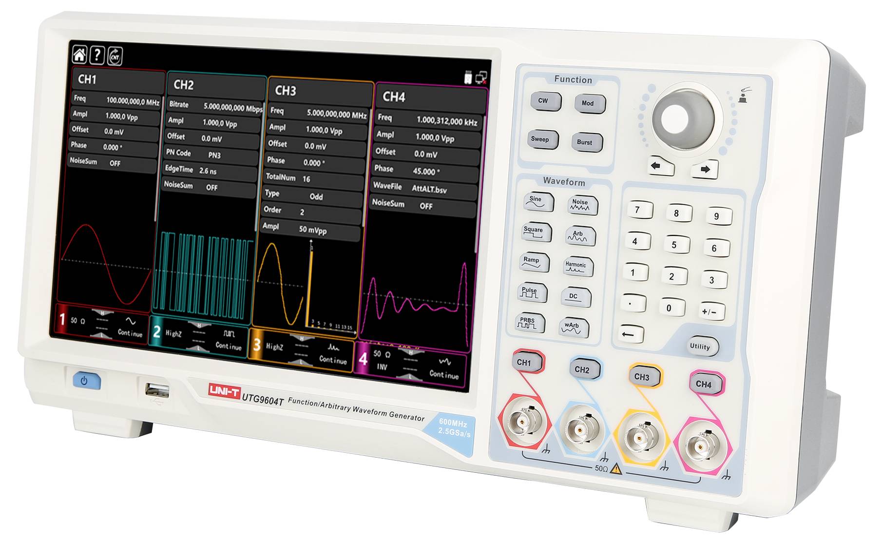 Uni-T UTG9604T Funktionsgenerator netzbetrieben 600MHz (max) 4-Kanal Arbiträr, Rechteck, Puls, Rampe, Rauschen, Sinus