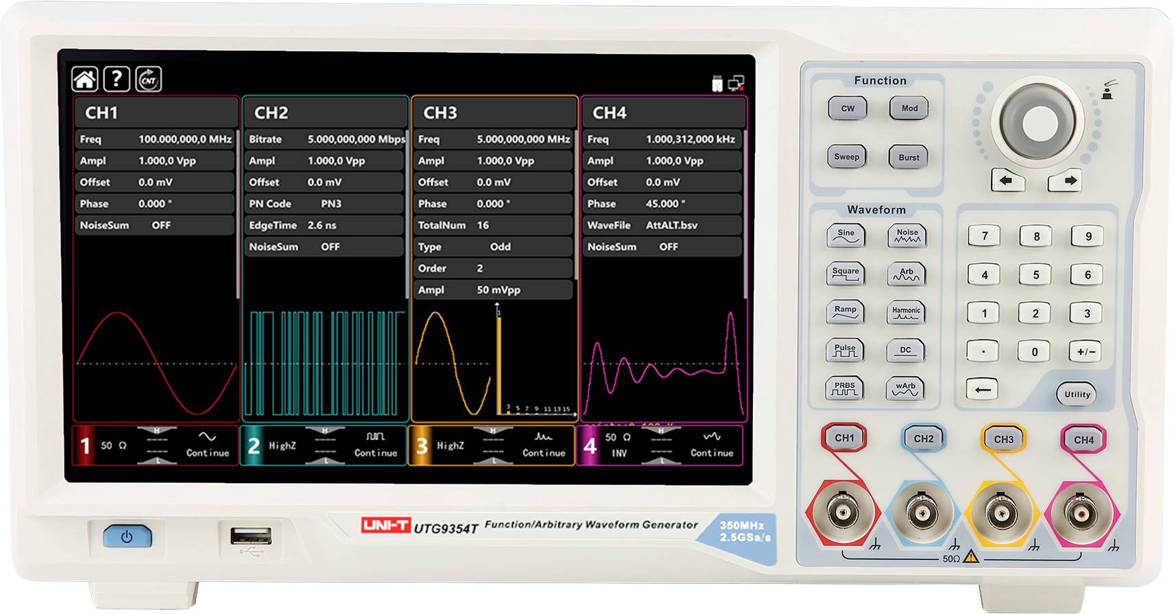 Uni-T UTG9354T Funktionsgenerator netzbetrieben 350MHz (max) 4-Kanal Arbiträr, Rechteck, Puls, Rampe, Rauschen, Sinus