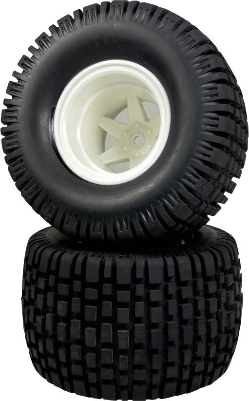Zwei schwarze, grobstollige Reifen mit weißen Felgen, übereinandergestapelt. Geeignet für Offroad-Nutzungen oder Spielzeugautos.