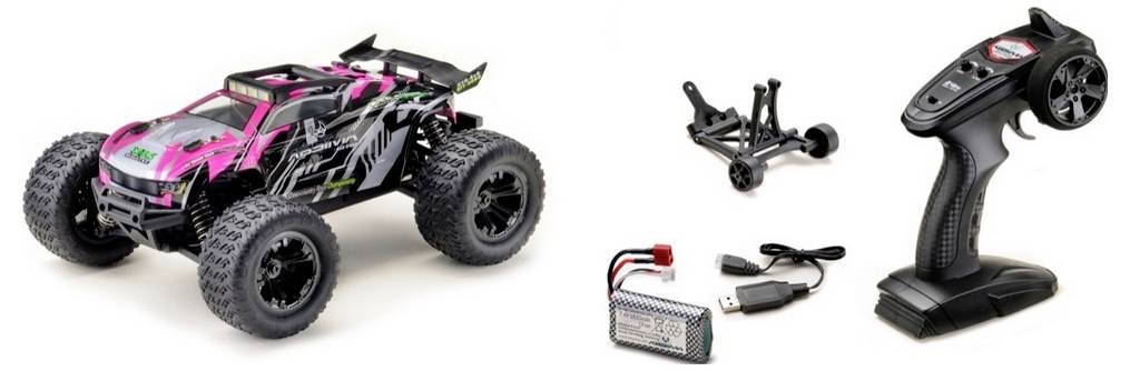 Ferngesteuertes Spielzeugauto-Set: Enthält ein rosafarbenes Auto mit Geländereifen, eine Fernbedienung, Ladegerät und Zubehör.