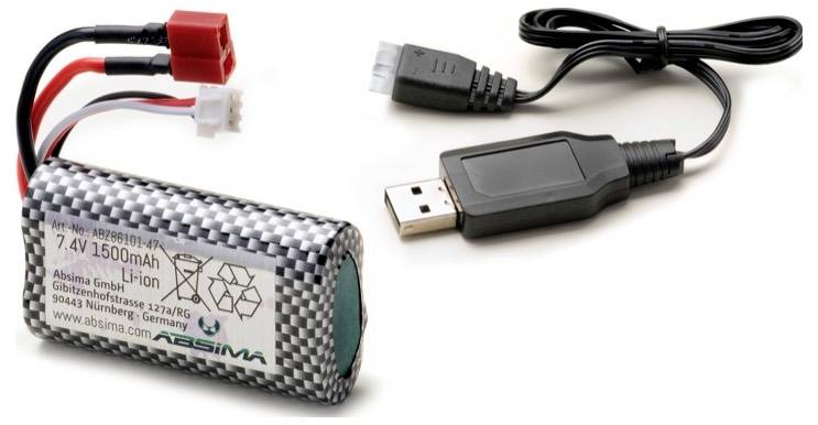 Lithium-Ionen-Akku mit einer Kapazität von 1500mAh neben einem USB-Kabel mit verschiedenen Steckverbindern.