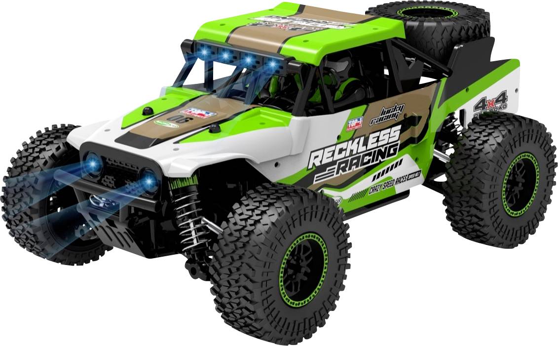 Ein ferngesteuertes Auto mit robustem Design, grünen Akzenten und großen Offroad-Reifen. Aufschrift 'Reckless Racing' an der Seite.