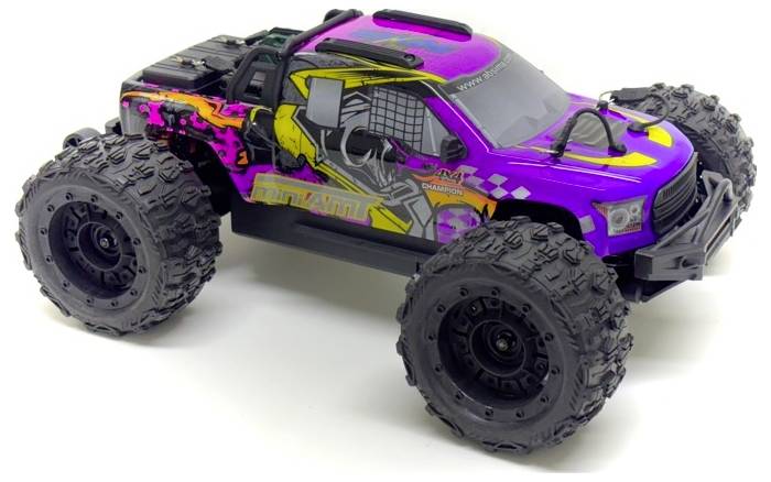 Ein lila ferngesteuertes Auto mit grafischen Aufdrucken, großen Reifen, und detailliertem Design auf weißem Hintergrund.