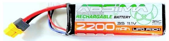 Akkupack von Absima, wiederaufladbar, 2200 mAh, 3S, 11,1V, mit Anschlusskabeln und Stecker, geeignet für ferngesteuerte Modelle.