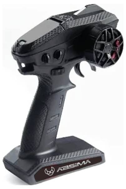 Handfernbedienung für ferngesteuerte Fahrzeuge mit Drehrad, Trigger und Markenlogo unten. Schwarz, ergonomisches Design.