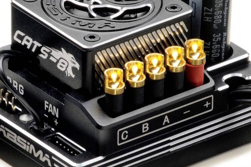 Nahaufnahme eines CATS-8-Modells aus der Elektronik, mit mehreren goldenen Anschlüssen, gekennzeichnet als C, B, A, daneben ein roter Anschluss.