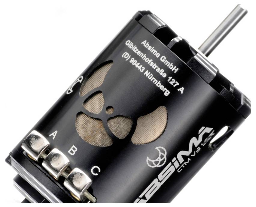 Elektrischer Motor von Absima mit silbernen Akzenten, Produktbezeichnung und Adresse, geeignet für Modellautos.