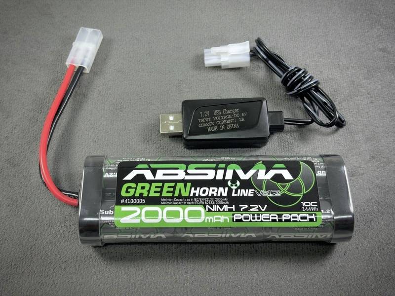 Akku: 'Absima Greenhorn Line' 2000 mAh, 7,2V NiMH. Enthält USB-Ladegerät.