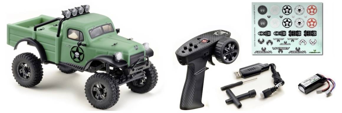 Grünes ferngesteuertes Spielzeugauto mit Zubehör, darunter eine Fernbedienung, Aufkleber und Ladekabel.