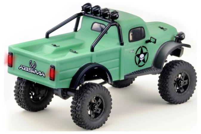 Grüner ferngesteuerter Geländewagen mit robusten Rädern, ausgestattet mit Überrollkäfig und Dekoraufdruck eines Sterns.