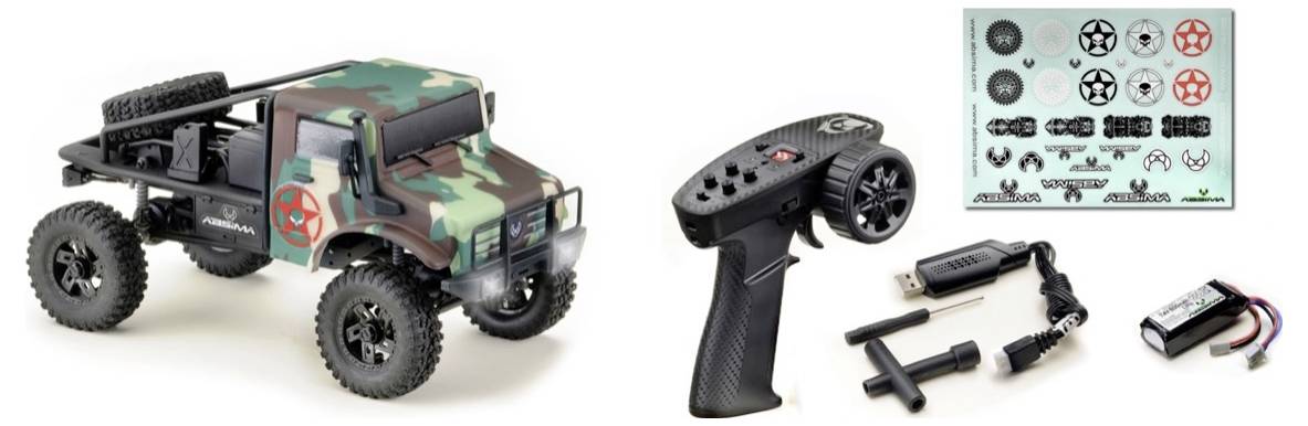 Ferngesteuertes Spielzeugauto im Tarnmuster mit zugehöriger Fernbedienung, Ladegerät und Aufklebern zum Anpassen des Designs.