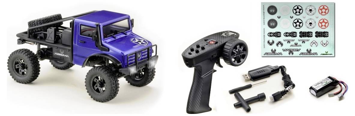 Blauer Spielzeug-Geländewagen mit Fernbedienung und Zubehörset, darunter Aufkleber, Ladegerät und Akku.