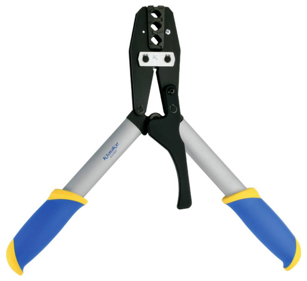 Draht-Crimpwerkzeug mit blau-gelben Griffen, offen auf weißem Hintergrund dargestellt.