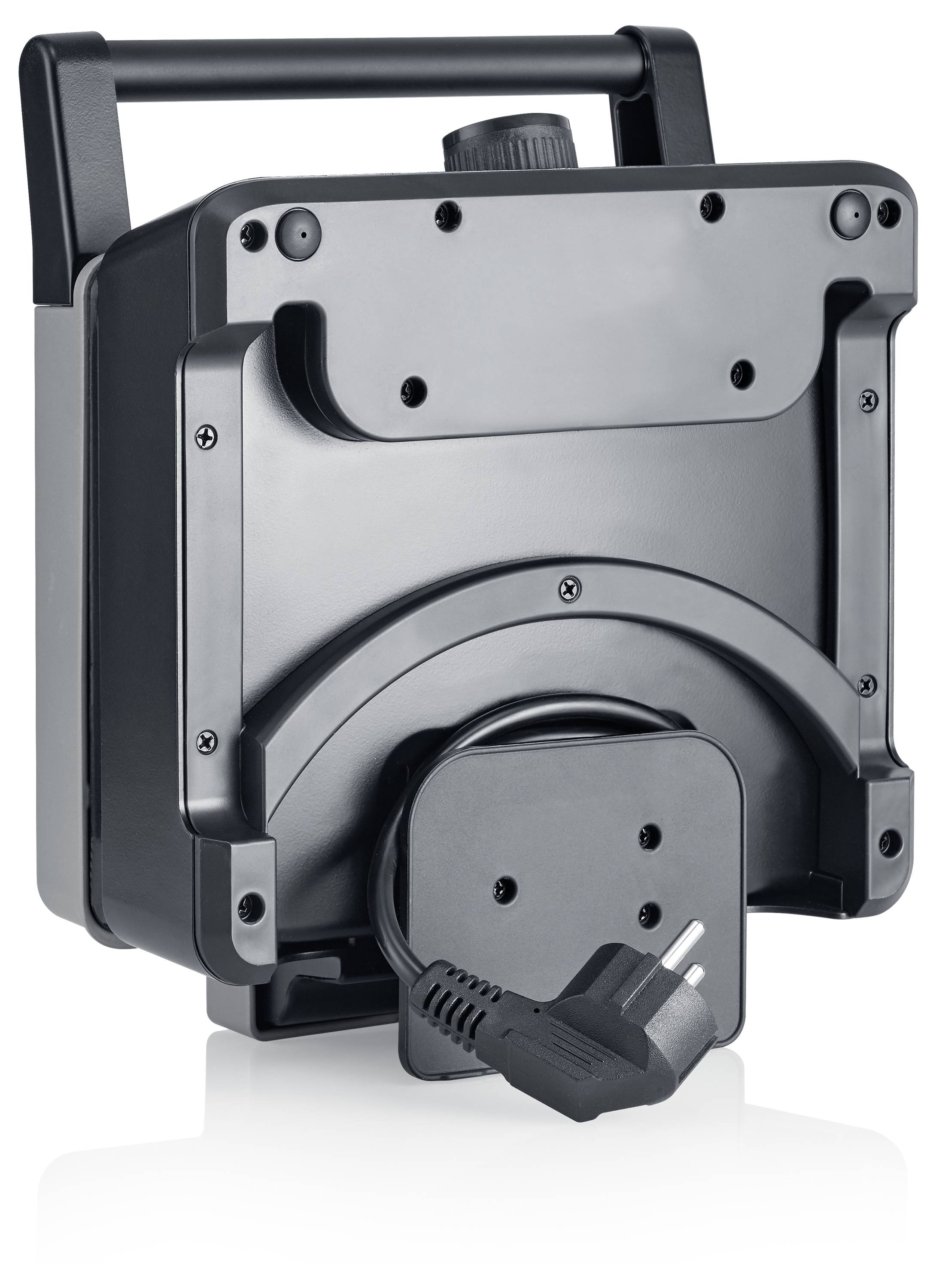 Ein schwarzer, tragbarer Scheinwerfer mit Griff und europäischem Stecker, in Seitenansicht dargestellt.