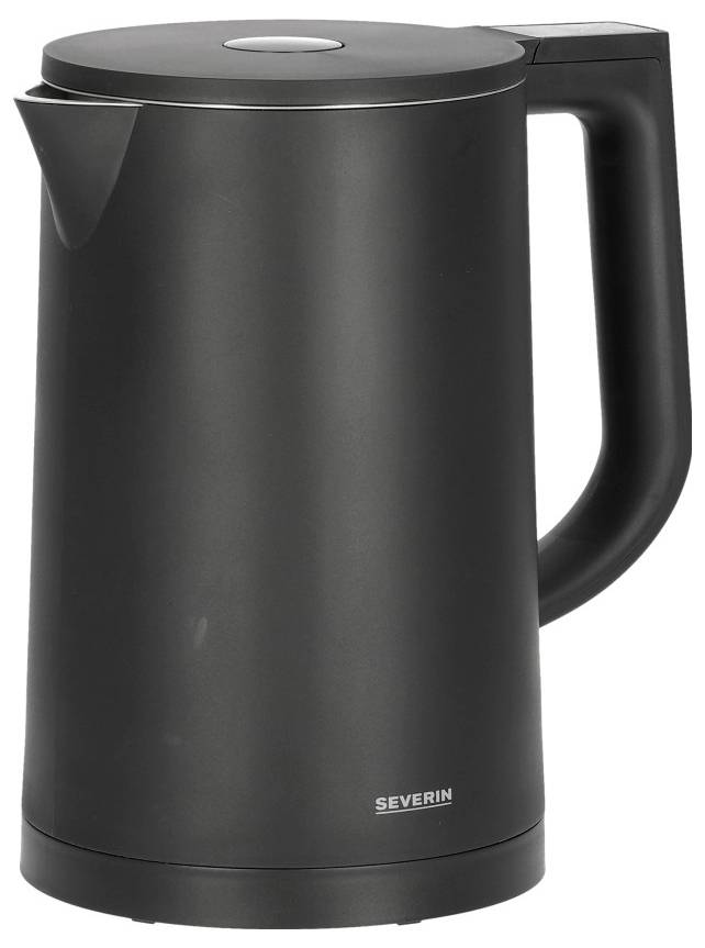 Schwarzer Wasserkocher mit modernem Design und abgerundeten Kanten, Markenname 'Severin' unten sichtbar.