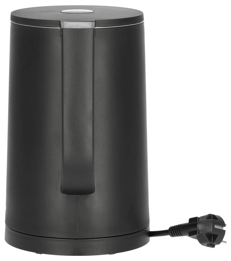 Schwarzer Wasserkocher mit abnehmbarem Kabel, seitlich stehend.