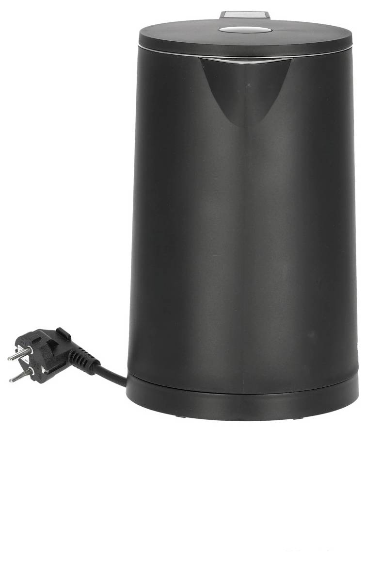 Schwarzer elektrischer Wasserkocher mit Netzkabel, aufrecht stehend, Seitenansicht. Der Griff und die Bedienelemente sind nicht sichtbar.