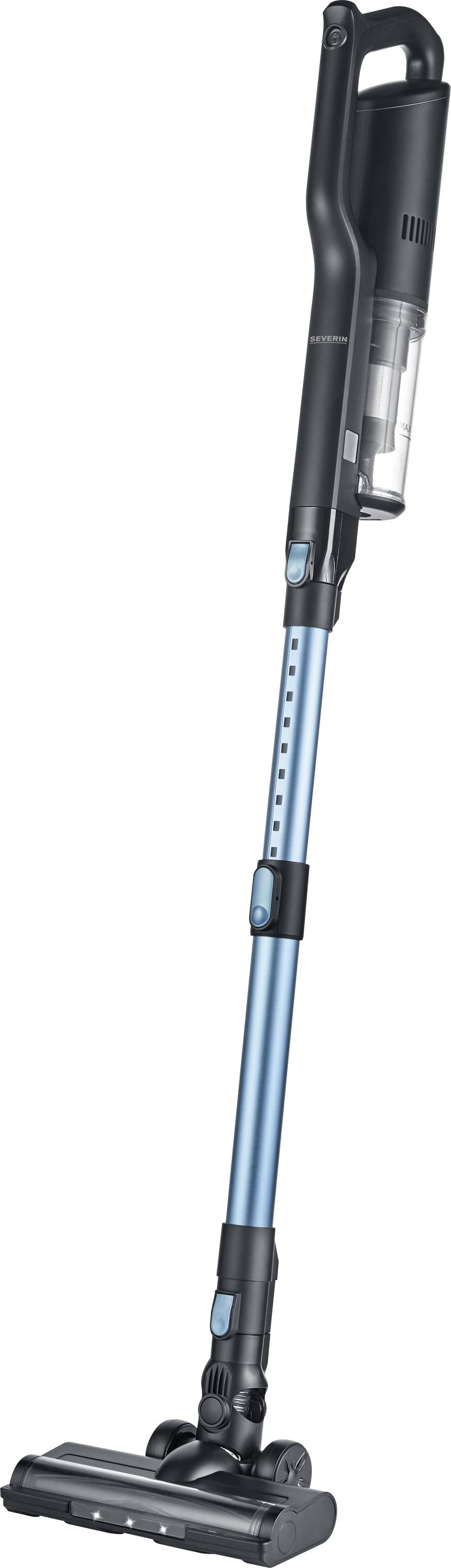 Kabelloser Stabstaubsauger, blau-schwarz, mit transparentem Staubbehälter, freistehend, zur Bodenreinigung geeignet.