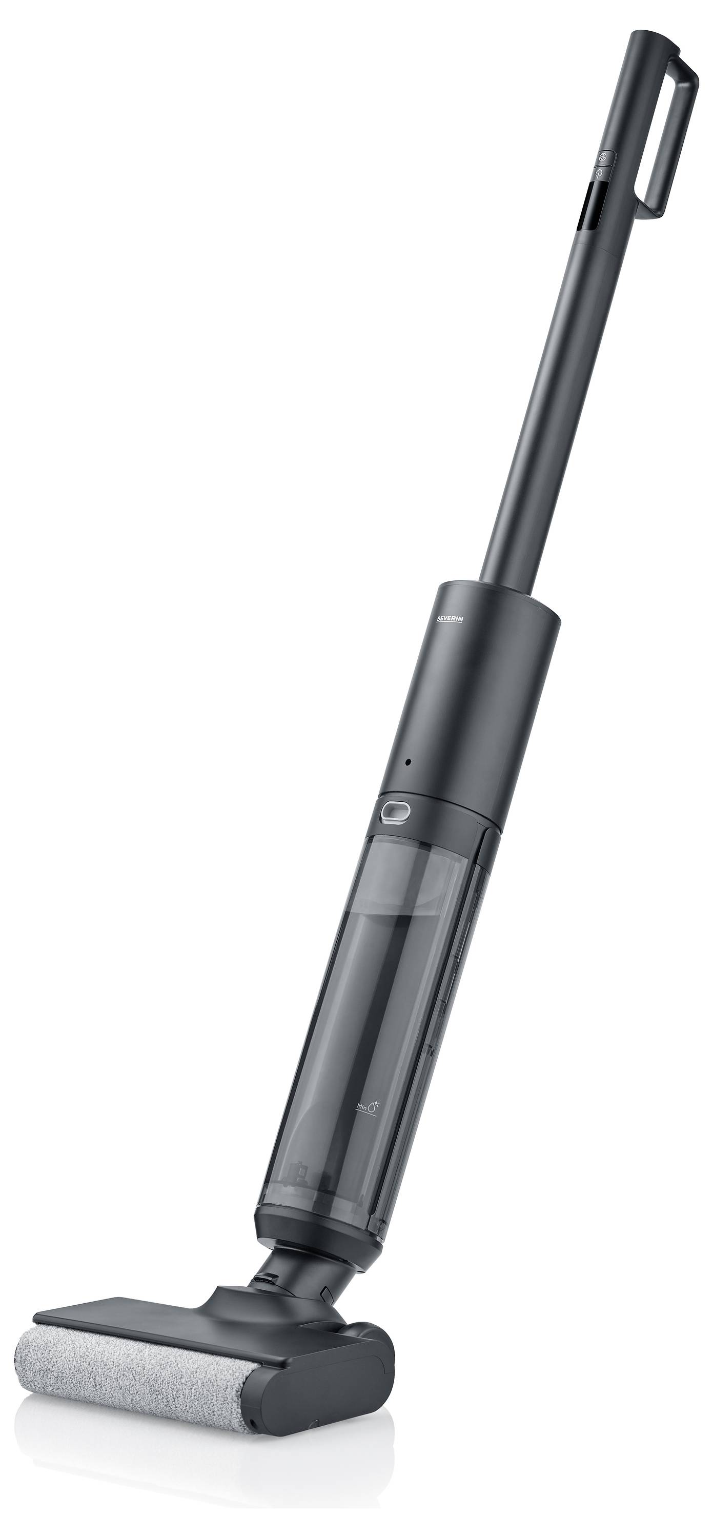 Kabelloser, vertikaler Staubsauger in schwarzem Design, geeignet für Hartböden. Hauptmerkmal: abnehmbarer Wasserbehälter.