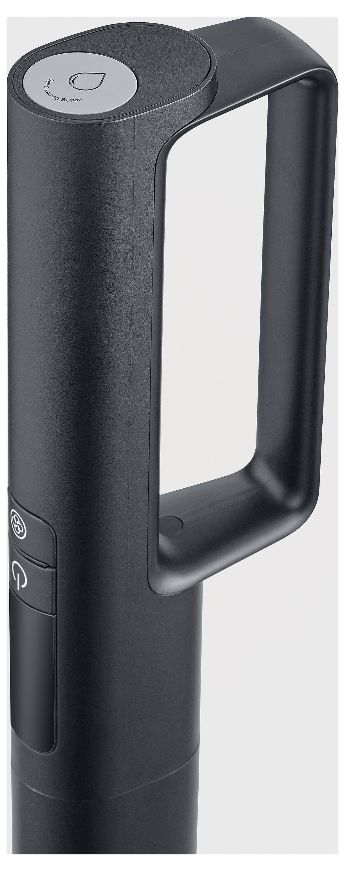 Schwarzer ergonomischer Griff mit einem Sichtfenster, geeignet für Haushaltsgeräte oder Werkzeuge, Detailansicht einer Schaltfläche oben.