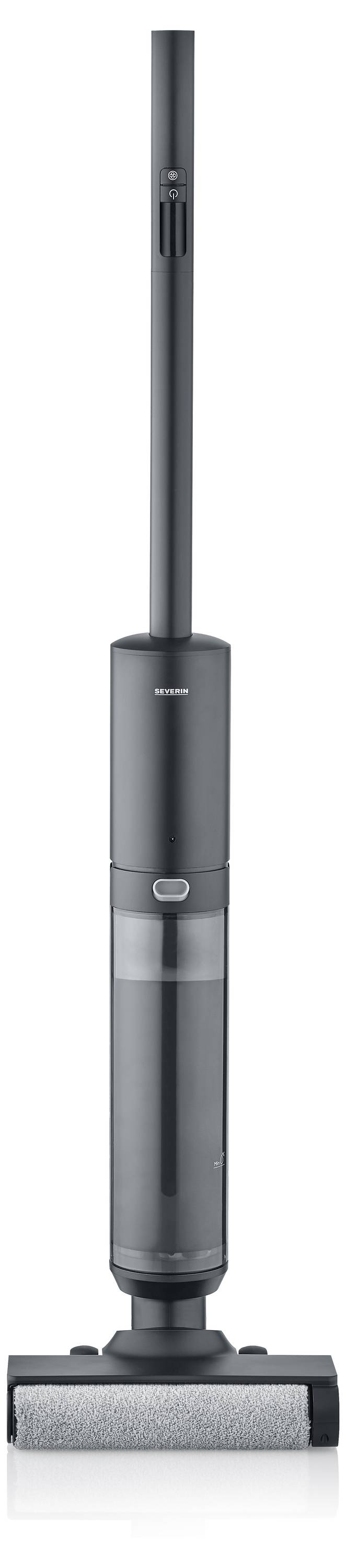 Ein moderner, schlanker Stabstaubsauger mit grauer Farbgebung und rotierender Walzenbürste, geeignet für die Bodenreinigung.