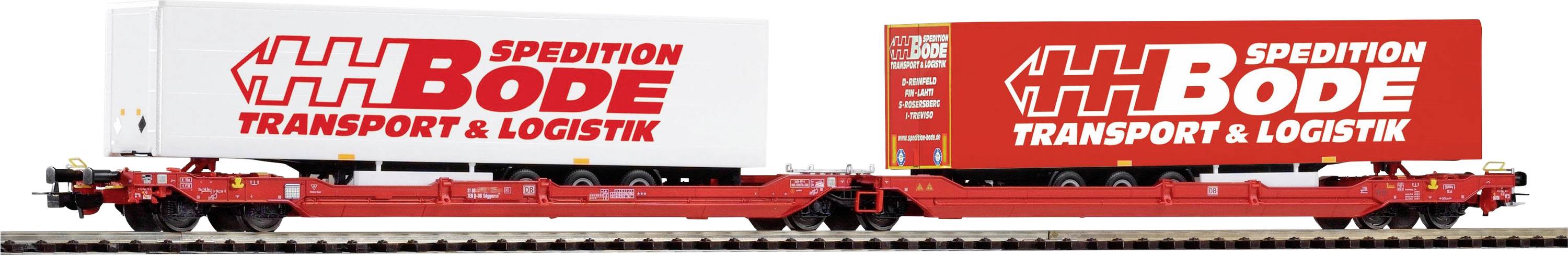 Modelleisenbahn-Güterzug mit zwei Containern, die das Logo 'Spedition Bode Transport & Logistik' tragen.
