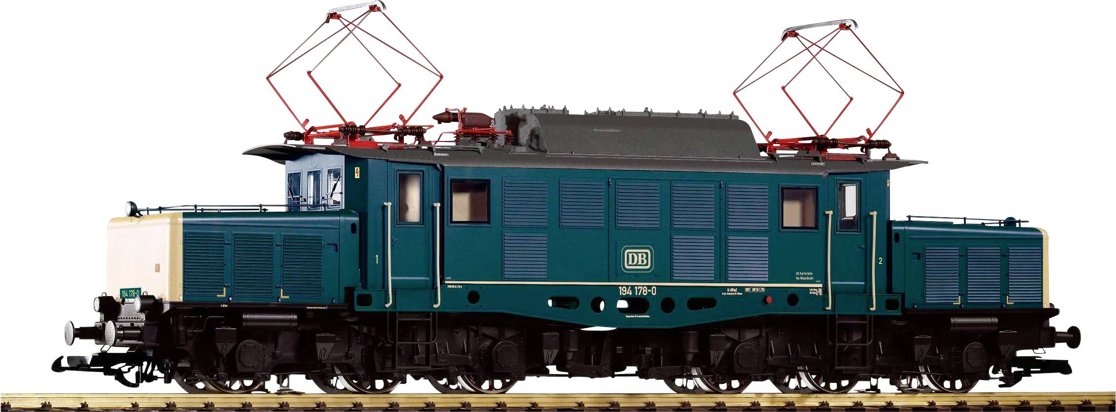 Ein blaues Modell einer Elektrolokomotive auf einer Schiene, mit roten Stromabnehmern und detaillierten Aufschriften.
