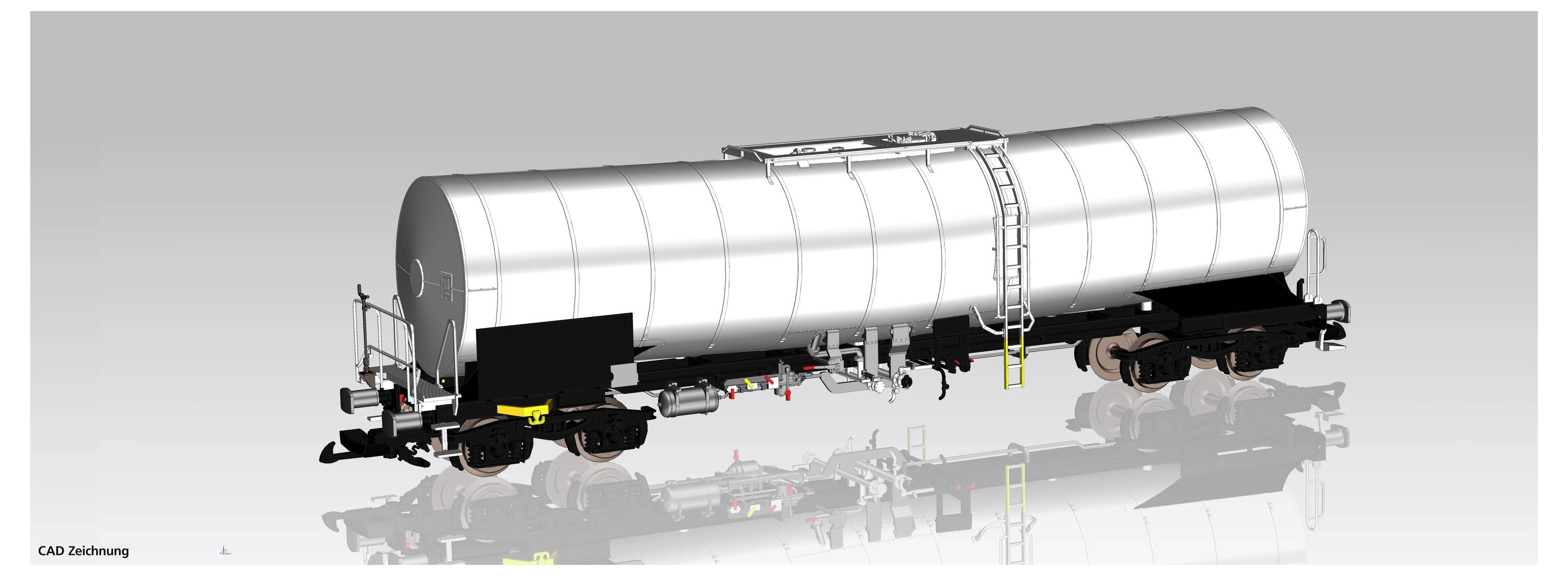 Ein computergeneriertes Modell eines silbernen Tankwagens mit Leitern und Schläuchen auf einem Schienenrahmen.