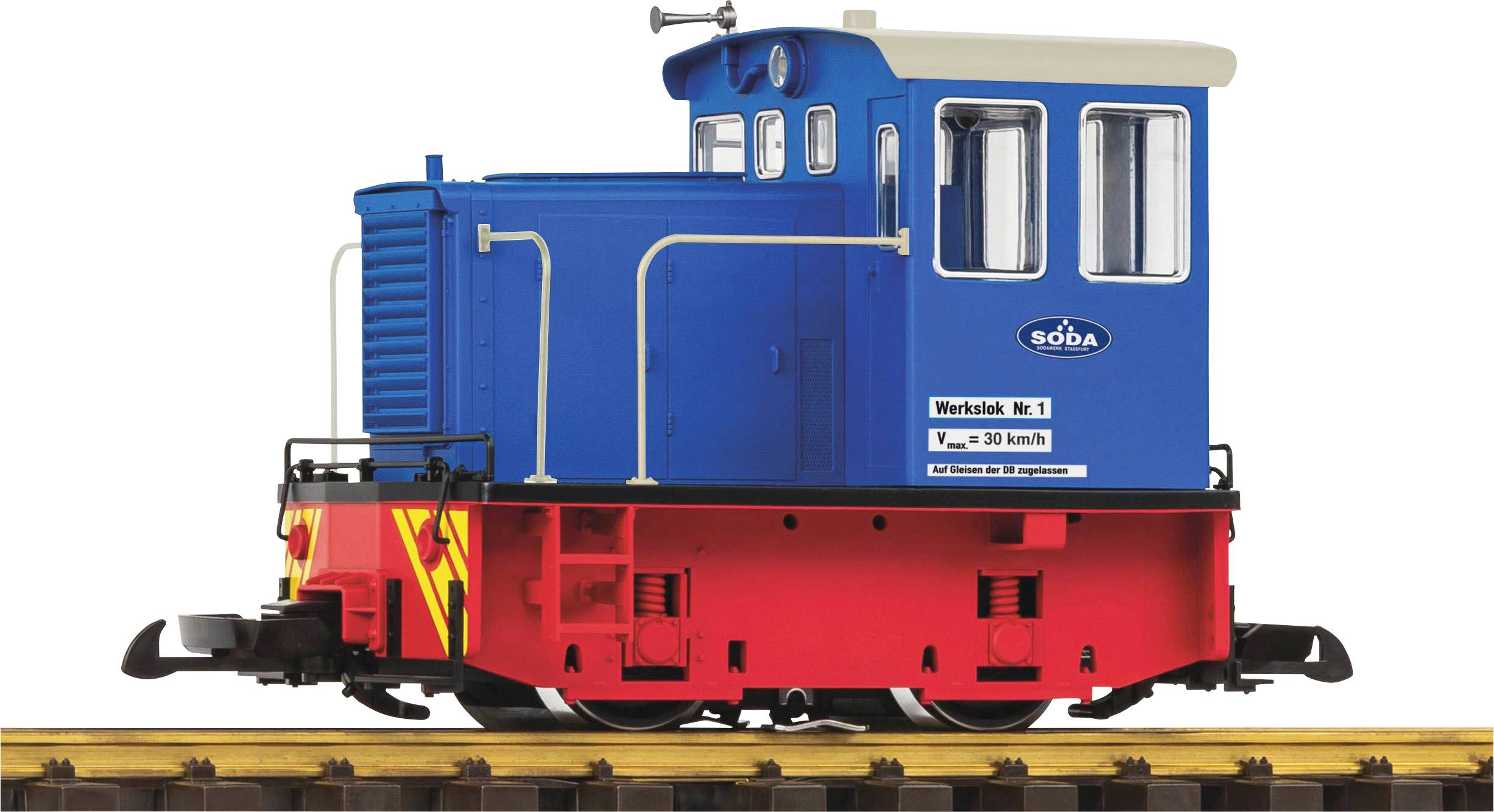 Kleine blaue und rote Lokomotive mit der Aufschrift 'Werkstatt Nr. 1' steht auf einem Gleis. Maximale Geschwindigkeit: 30 km/h.