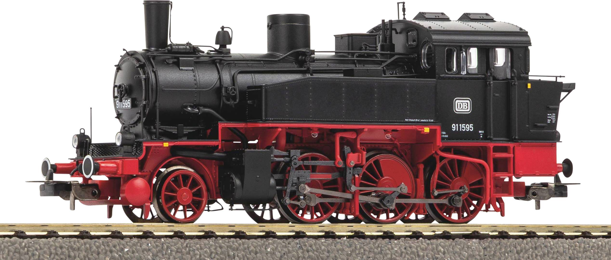 Ein detailliertes Modell einer schwarzen und roten Dampflokomotive auf Schienen, das Räder, Kolben und verschiedene mechanische Komponenten präsentiert.