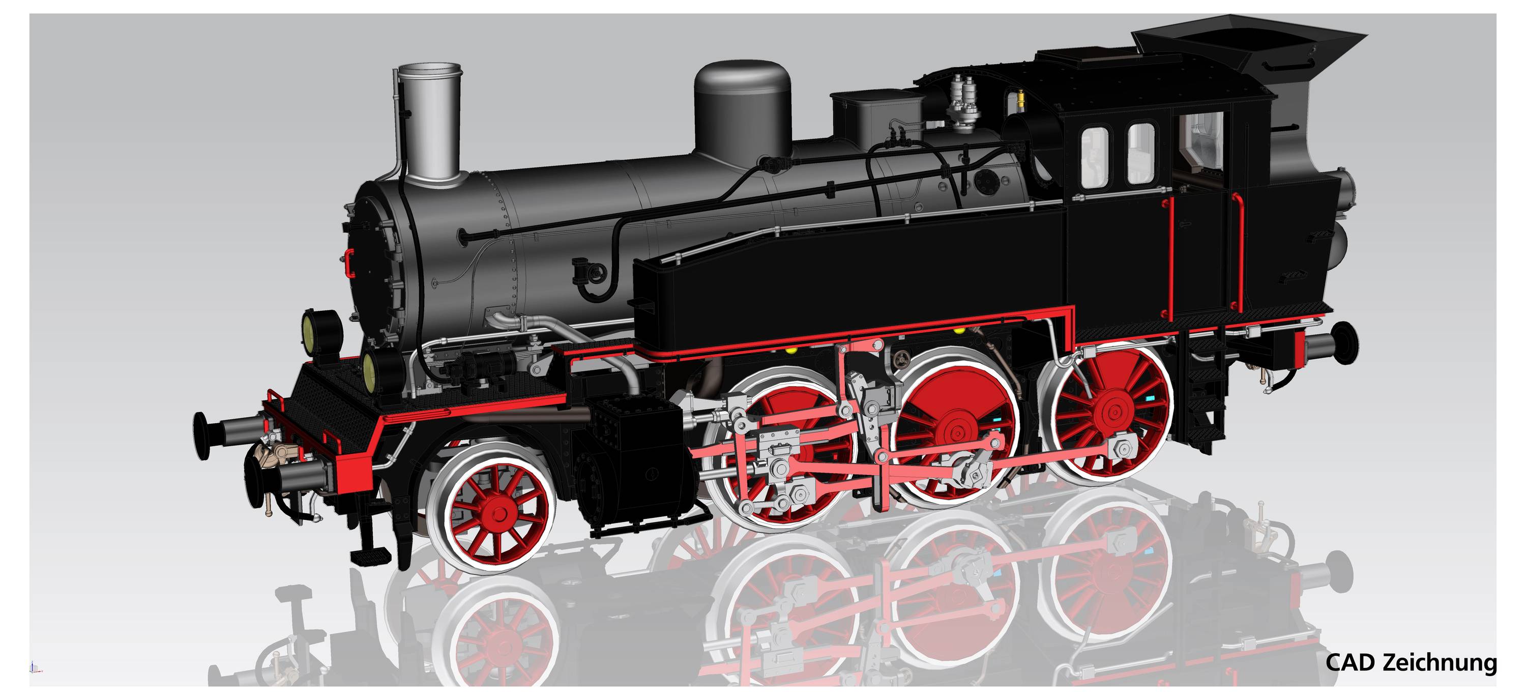 CAD Zeichnung einer Dampflokomotive in Schwarz mit roten Rädern und Details. Seitliche Ansicht zeigt technische Details und Konstruktion.